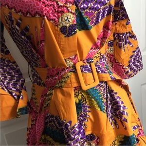 FARM Rio Beaded Macaws Mini in Orange Cotton Button Up Shirt Dress Size M